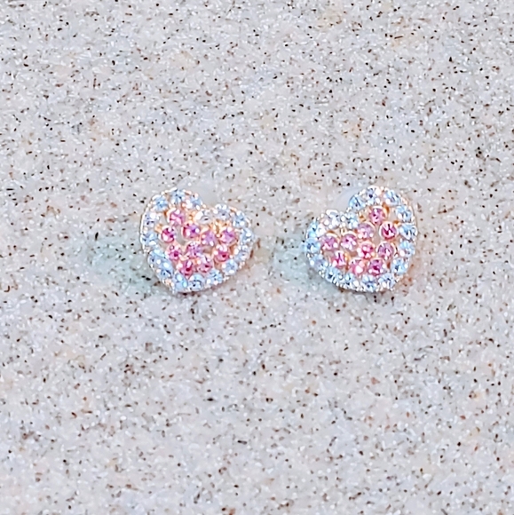 DOUBLE HEART PINK & CLEAR CUBIC ZIRCONIA SURGICAL STEEL STUD EARRINGS - Picture 5 of 9